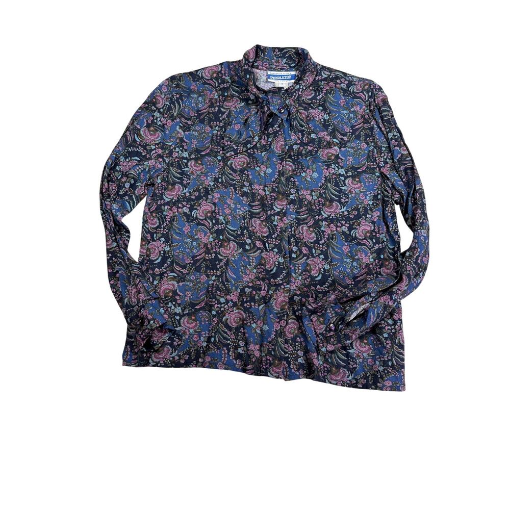 Vintage Pendleton Petite 8 Floral Paisley Blouse Made USA Blue Pink Button Front